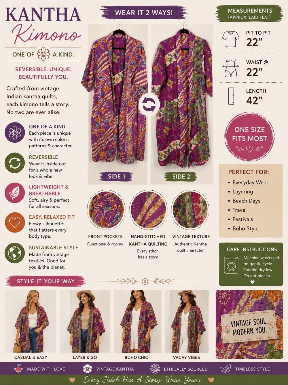 One of a Kind Reversible Purple Kantha Kimono 1 Size Handmade Boho Jacket Duster